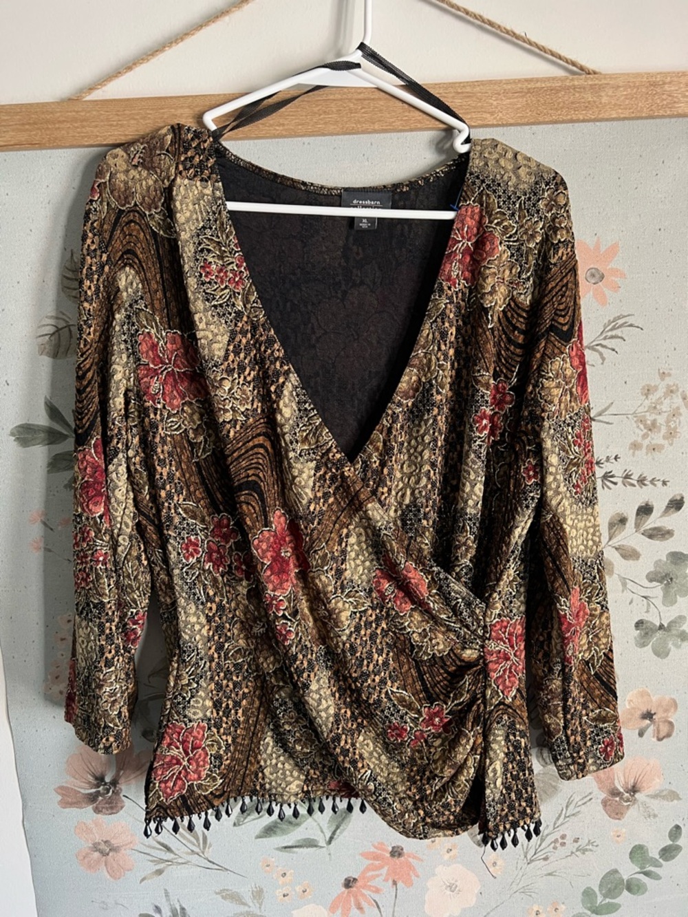 Dress Barn Brown & Red Floral Wrap Blouse